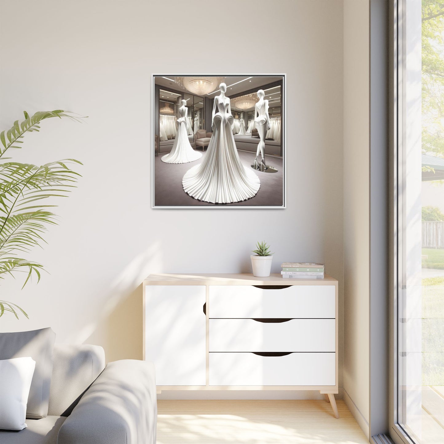Futuristic Modern Wedding Dress Framed Canvas Print Wall Art Unique Fashion Designer Haute Couture Fashionista Gift Decor 3 Frame Colors