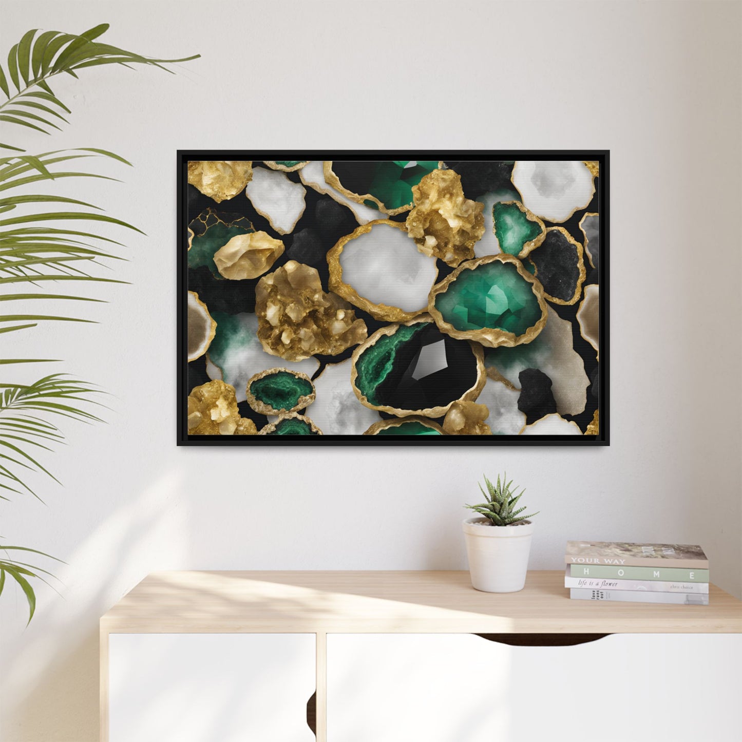 Emerald Green and Gold Quartz Crystal Design Print Matte Canvas Wall Art Nature Lover Gift Geology Rock Lover Gift 3 frame color choices