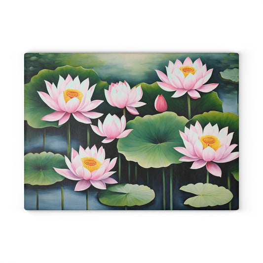 Kitchen Decor Glass Cutting Board Serving Tray with Lotus Blossom Design Cutting Board Gift for Home Cook Floral Charcuterie Board