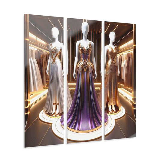 Modern Futuristic Fashion Dress Design Triptych 3-Panel Acrylic Print Wall Art Unique Haute Couture Fashionista Fantasy Style Decor
