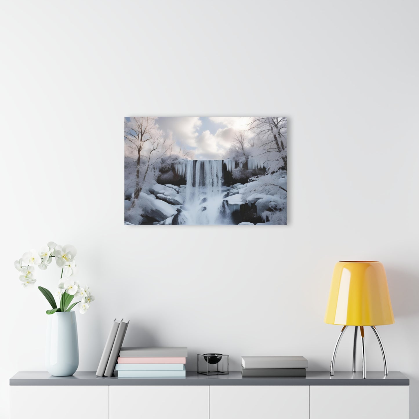 Large Snowy Waterfall Acrylic Print with French Cleat Nature Lover Wall Art Mountain Life Gift Outdoors Artwork Modern Home Decor
