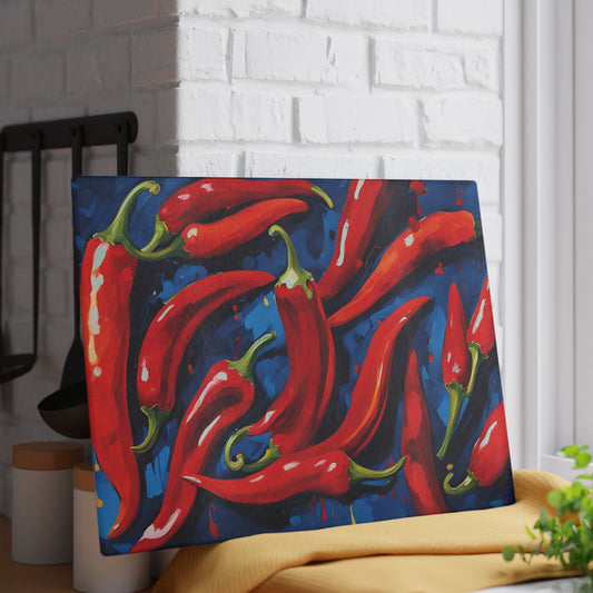 Kitchen Decor Glass Cutting Board Serving Tray with Red Hot Chili Peppers Pattern Cutting Board Gift for Home Cook Charcuterie Board