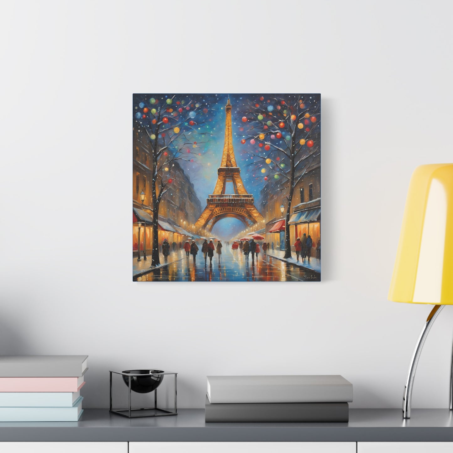 Eiffel Tower in Winter Print Wall Art Matte Stretched Canvas Paris Lover Gift France at Christmas