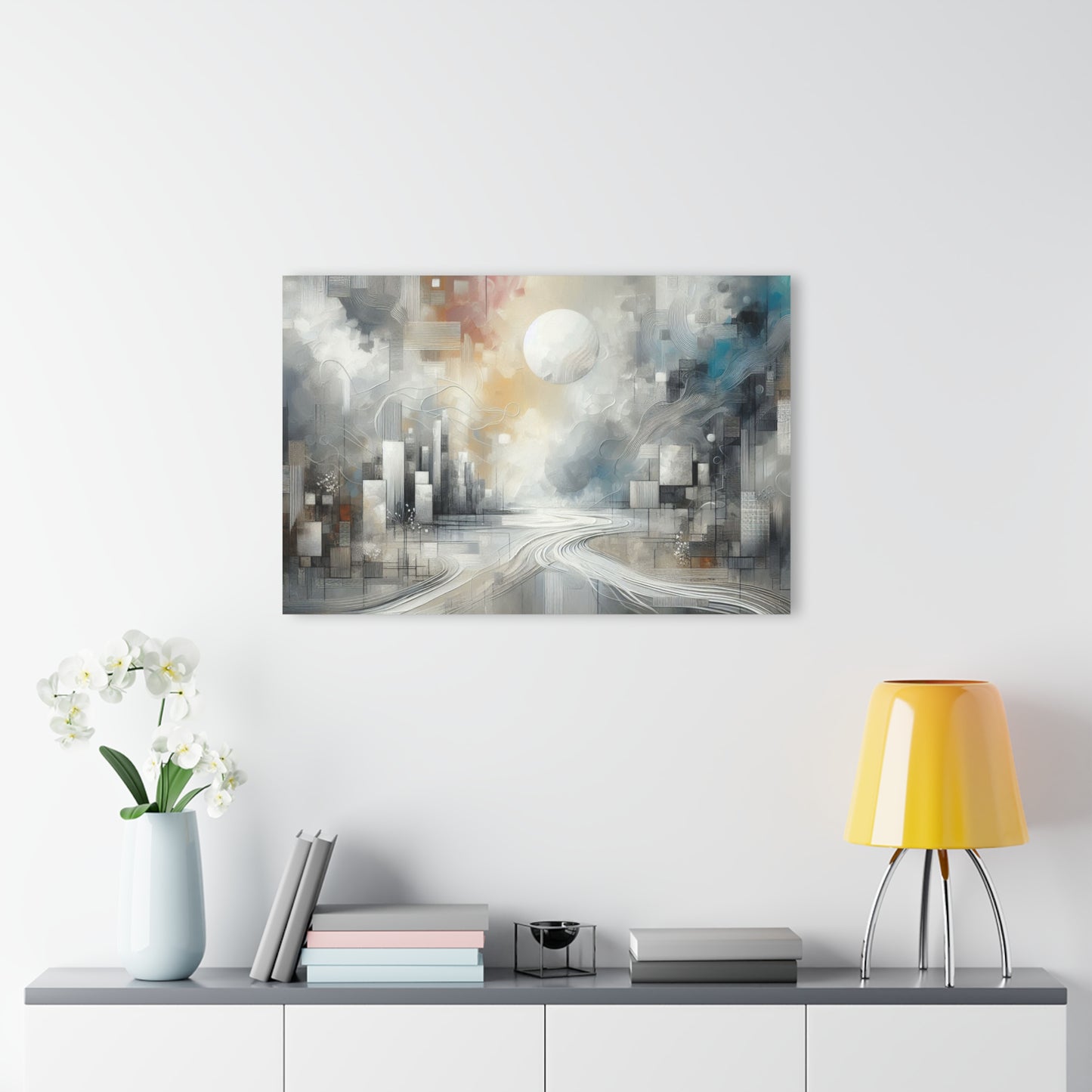 Abstract Modern Art Design Acrylic Print with Full Moon Downtown Art White Cityscape Nature Wall Art Relaxing Contemporary Artwork