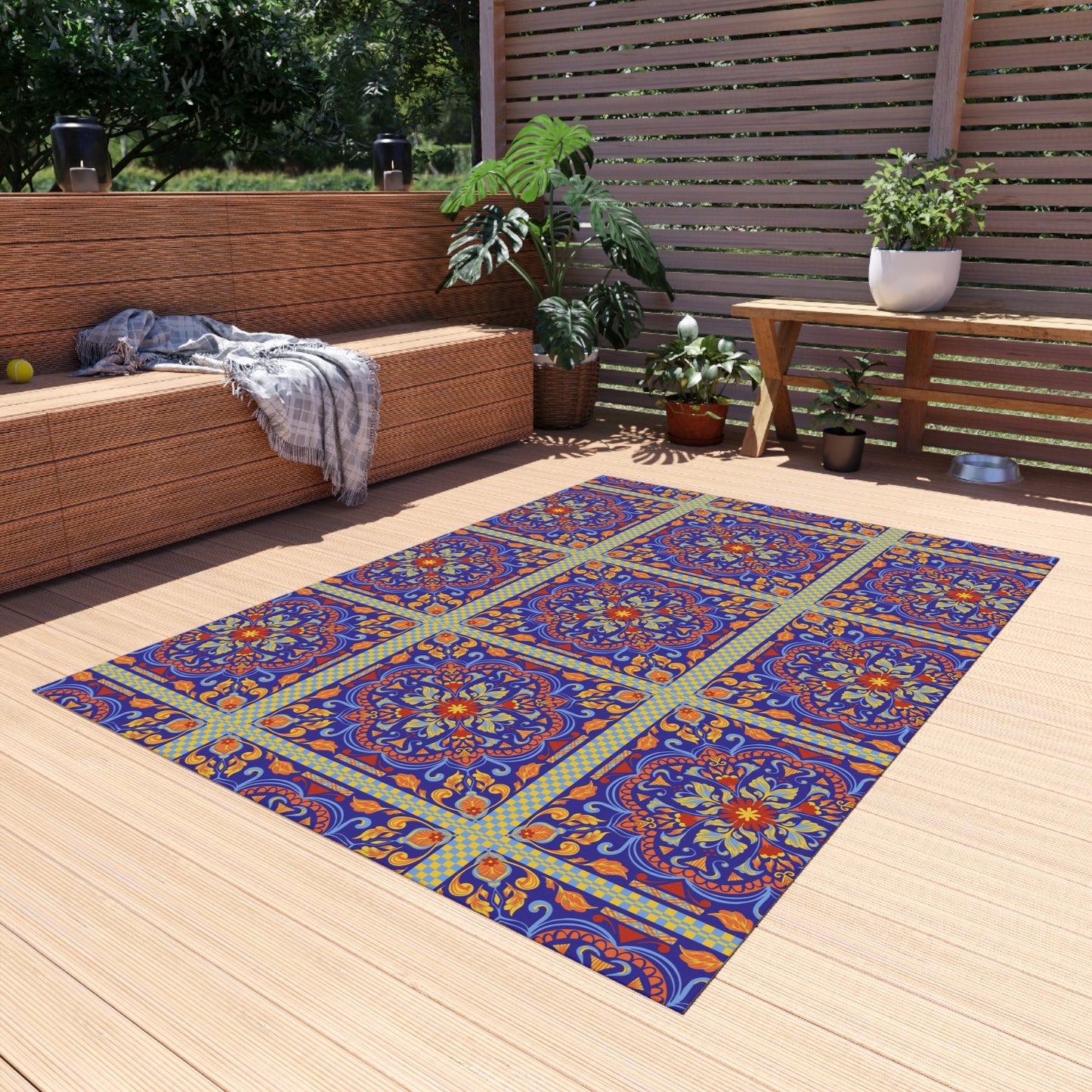 Chenille Print Pattern Outdoor Rug with No-Skid Backing Cozy Outdoor Carpet Patio Decor Gazebo Rug Pool Area Decor Outdoor Kitchen Carpet