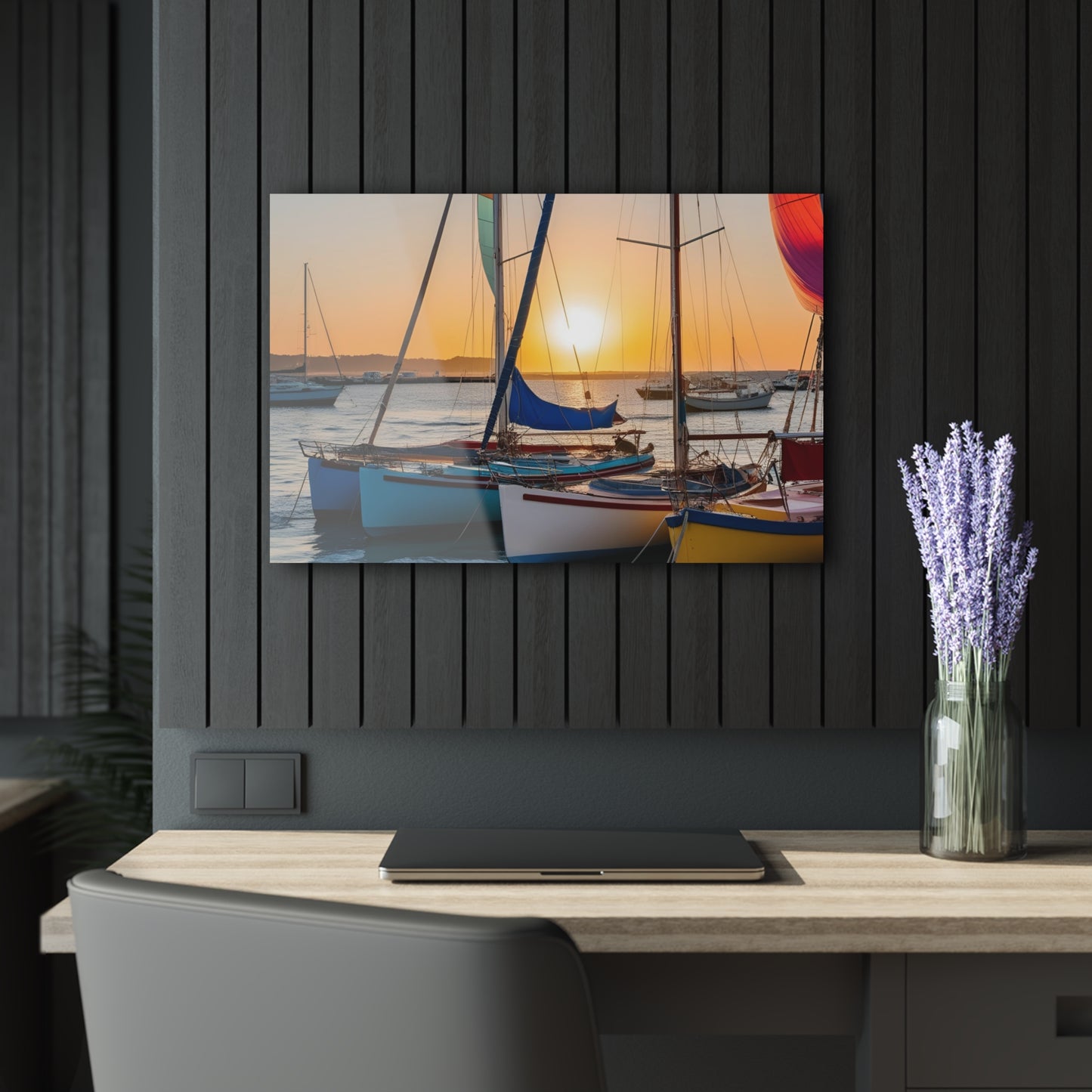 Large Sailboats in the Harbor Acrylic Print with French Cleat Mountain Life Wall Art Outdoors Gift Beachy Nature Artwork Modern Home Decor