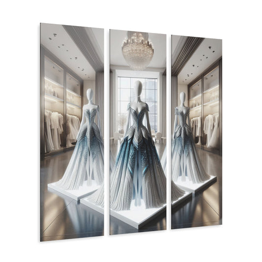 Modern Futuristic Design Runway Dress Triptych 3-Panel Acrylic Print Wall Art Unique Haute Couture Fashionista Fantasy Style Decor