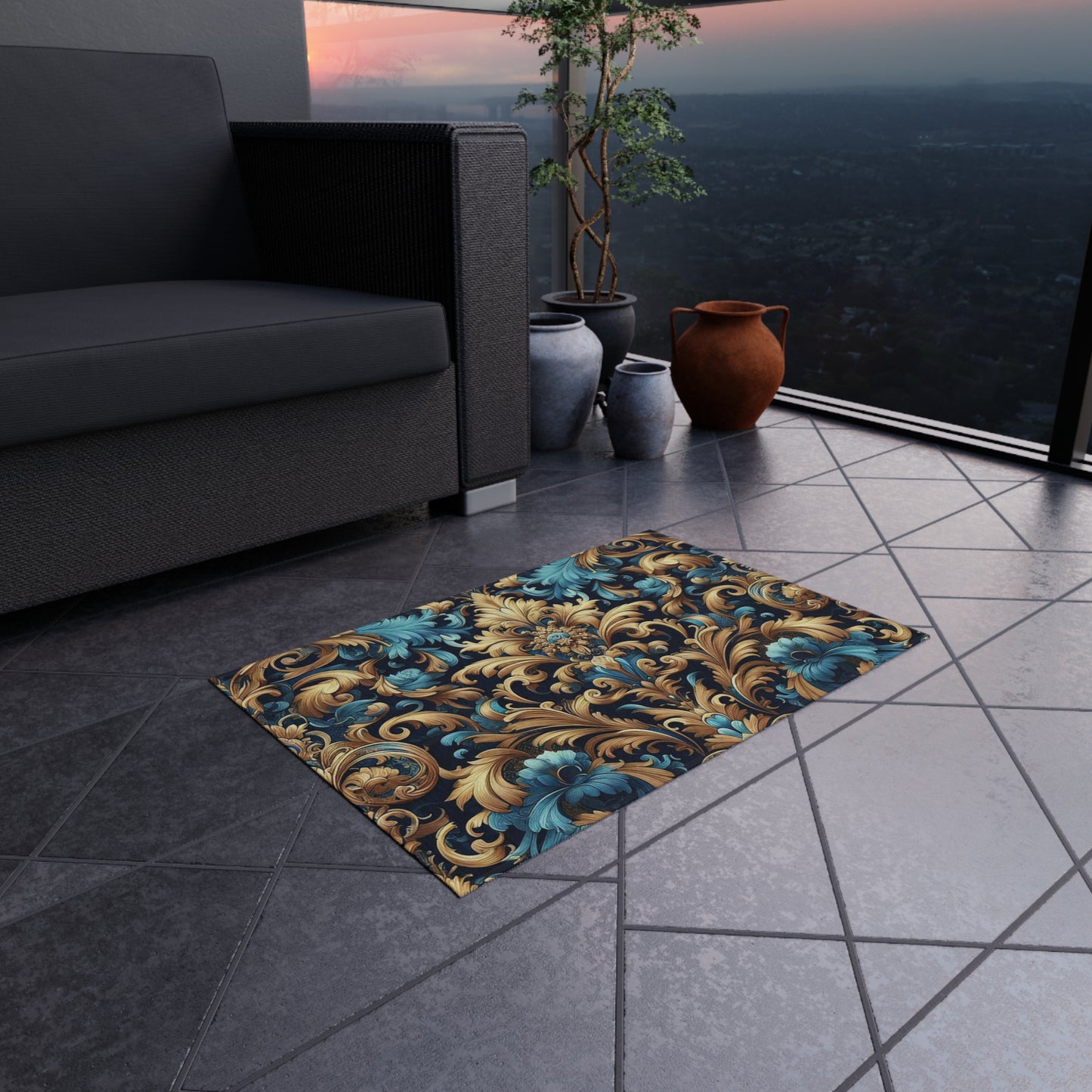 Chenille Print Pattern Outdoor Rug with No-Skid Backing Cozy Outdoor Carpet Patio Decor Gazebo Rug Pool Area Decor Outdoor Kitchen Carpet