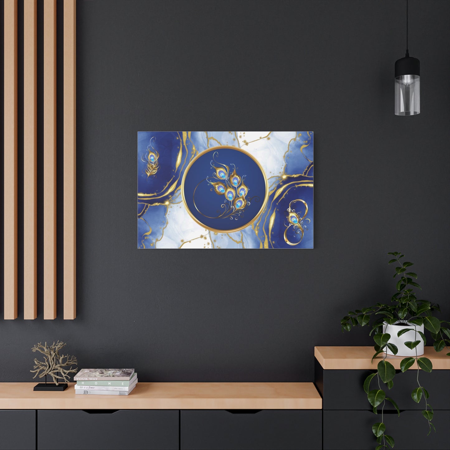 Elegant Abstract Peacock Feather Print Wall Art | Matte Canvas, Stretched 1.25" | Flowers | Modern | Blue and Gold |