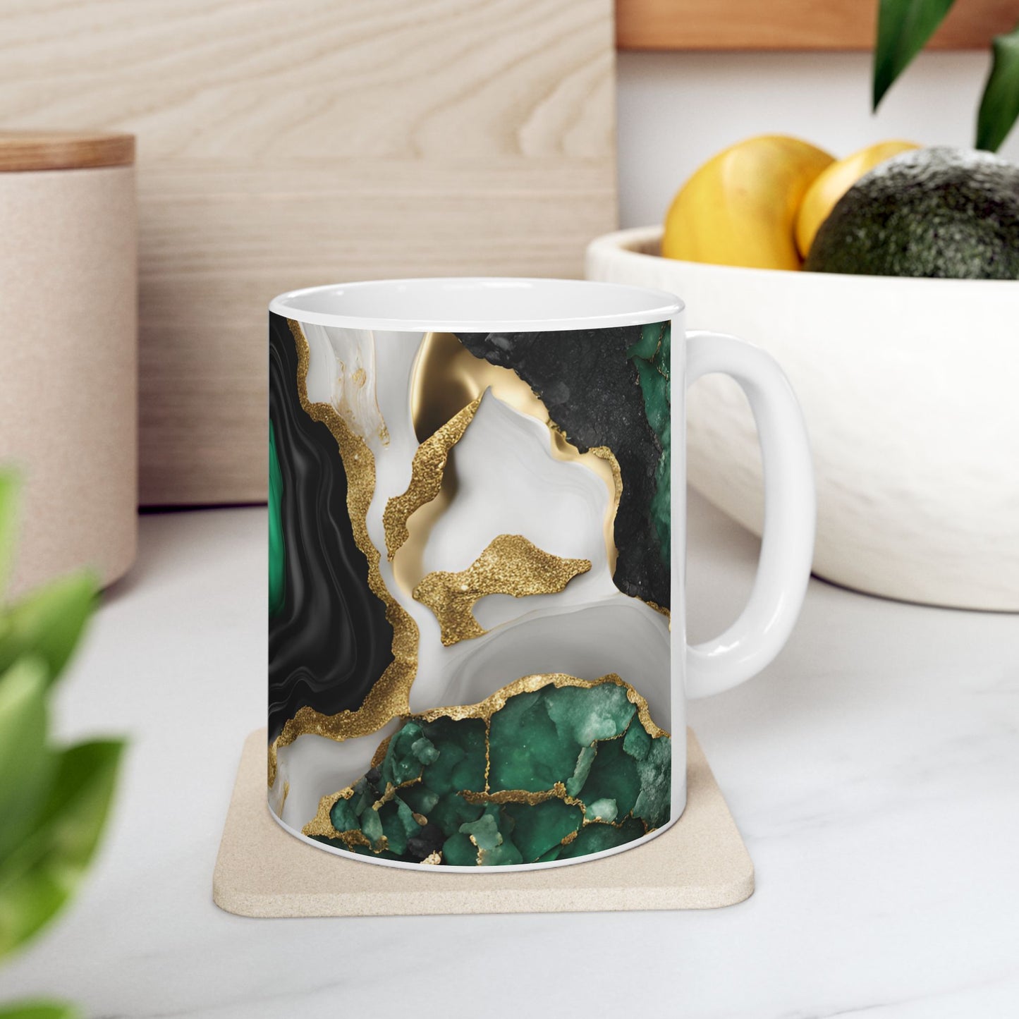 Black, White, Emerald Green and Gold Crystal Geode Design Coffee Tea Mug Boho Gemologist Gift Nature Lover Marble Rock Agate Geology Gift