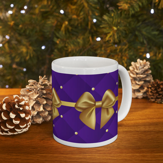 Royal Purple and Gold Coffee Tea Mug Cottage Core Holiday Gift for Her Christmas Ribbon Gift Mug Present