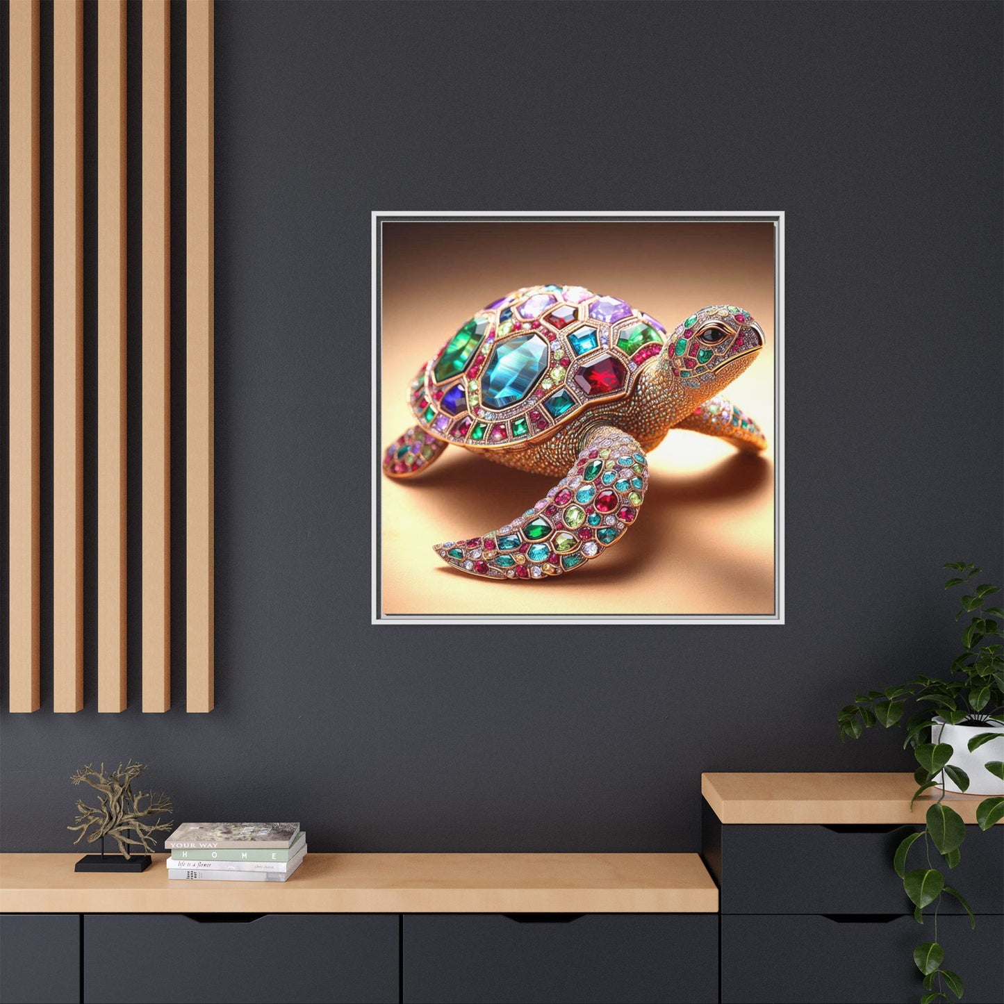 Bejeweled Turtle Framed Canvas Print Wall Art Unique Fashion Designer Haute Couture Fashionista Animal Lover Gift Decor 3 Frame Colors