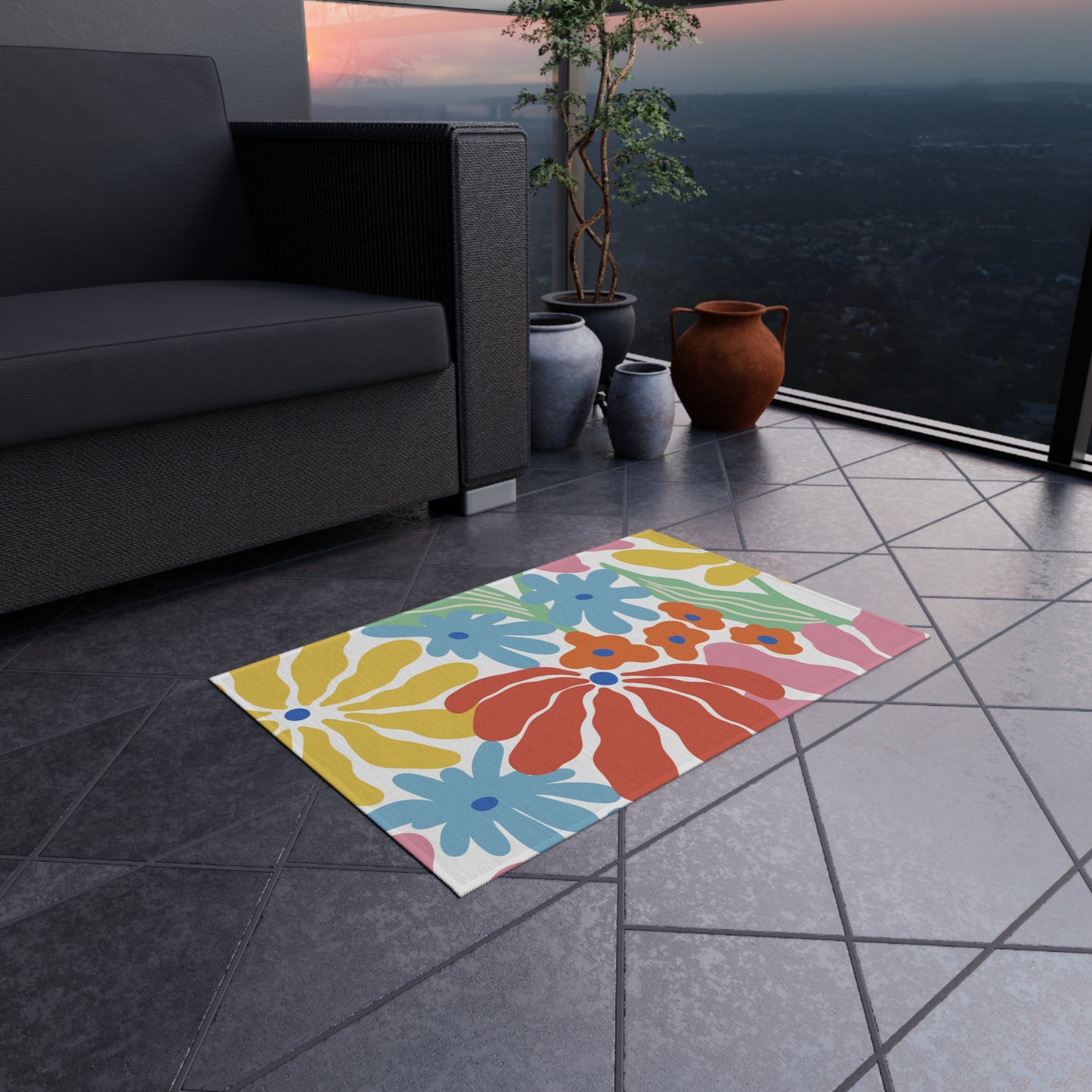 Modern Floral Chenille Outdoor Rug with No-Skid Backing Cozy Outdoor Carpet Patio Decor Gazebo Rug Pool Area Decor Outdoor Kitchen Carpet