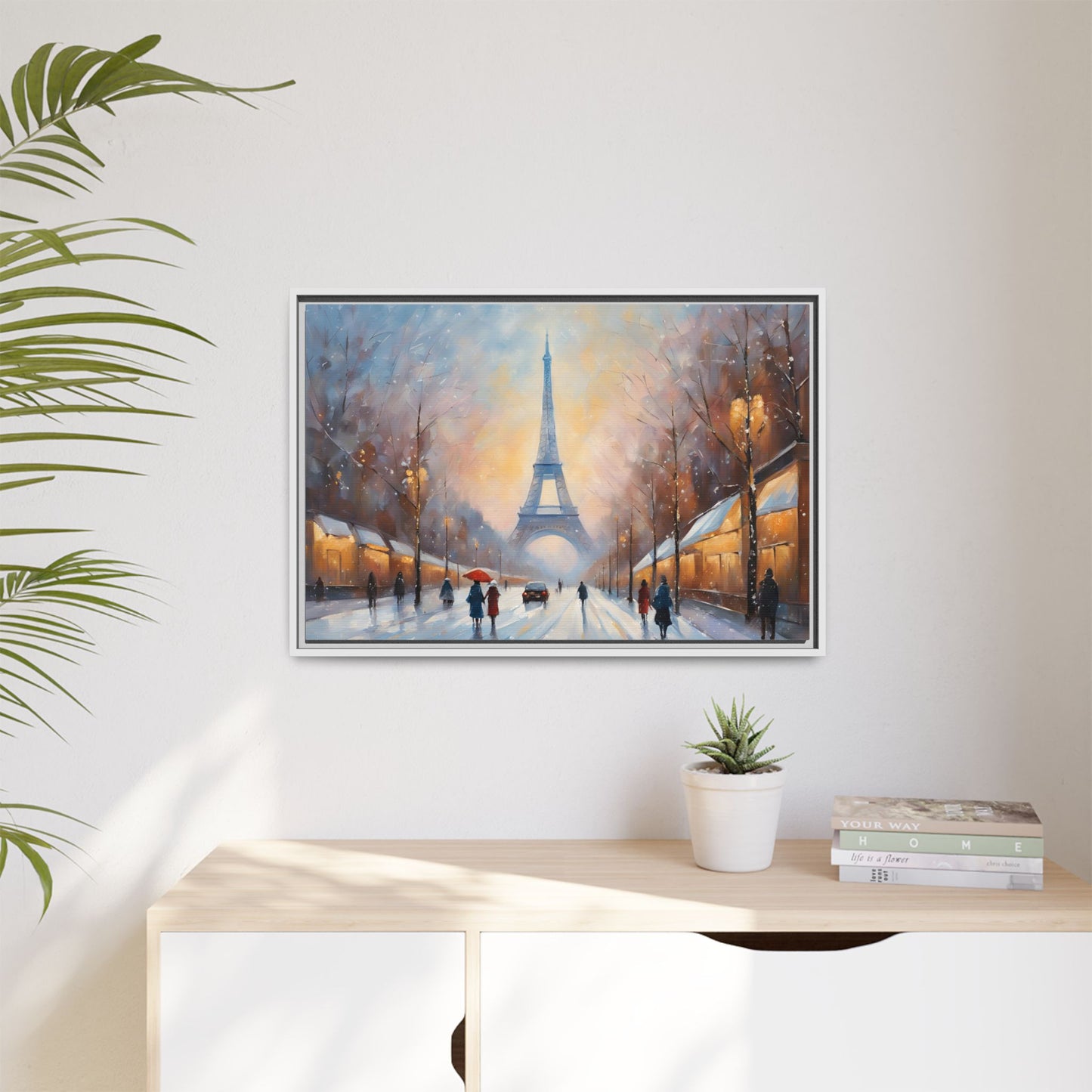 Eiffel Tower in Winter Print Wall Art Matte Stretched Canvas Paris Lover Gift Winter in France, 3 frame colors to choose from