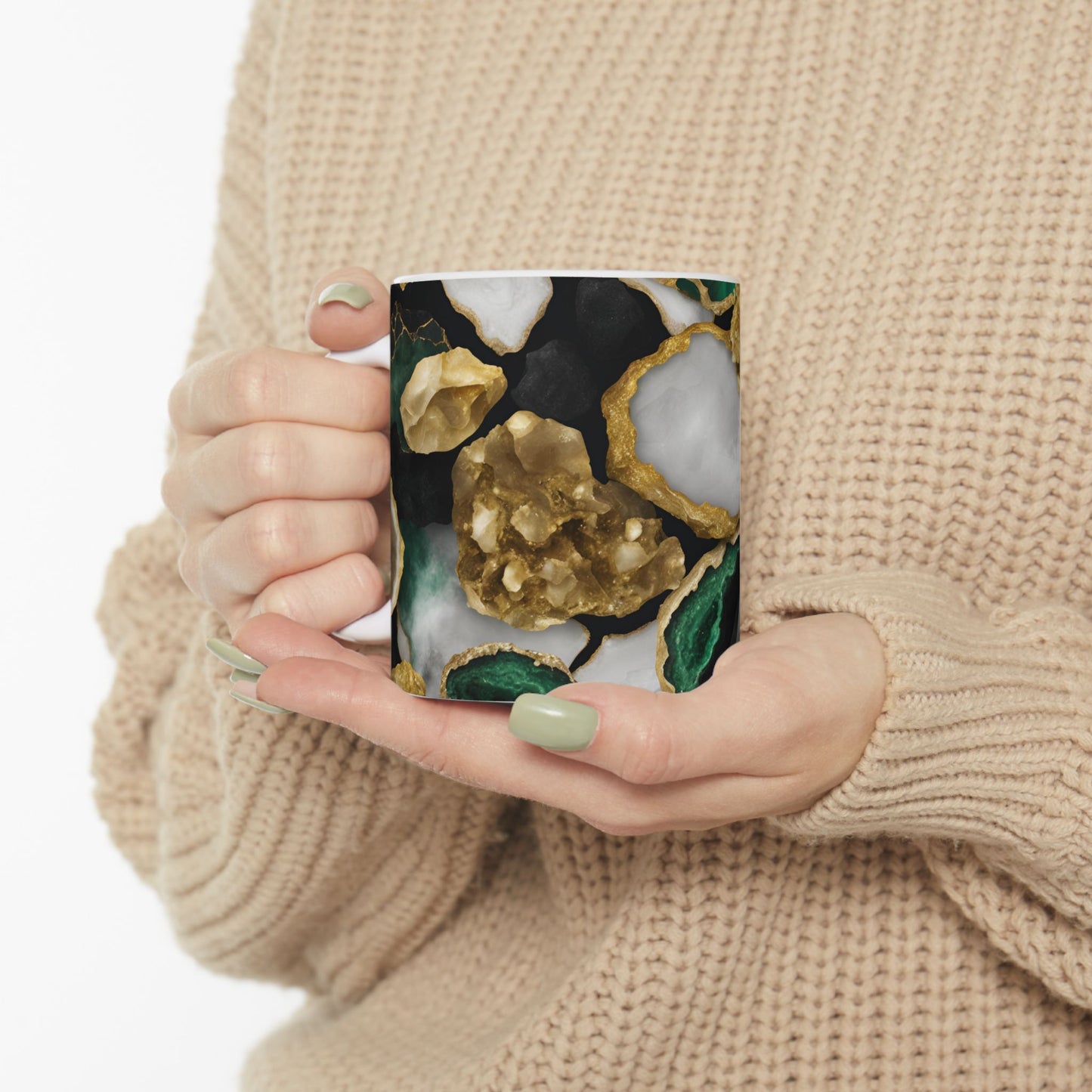 Black, White, Emerald Green and Gold Crystal Geode Design Coffee Tea Mug Boho Gemologist Gift Nature Lover Marble Rock Agate Geology Gift