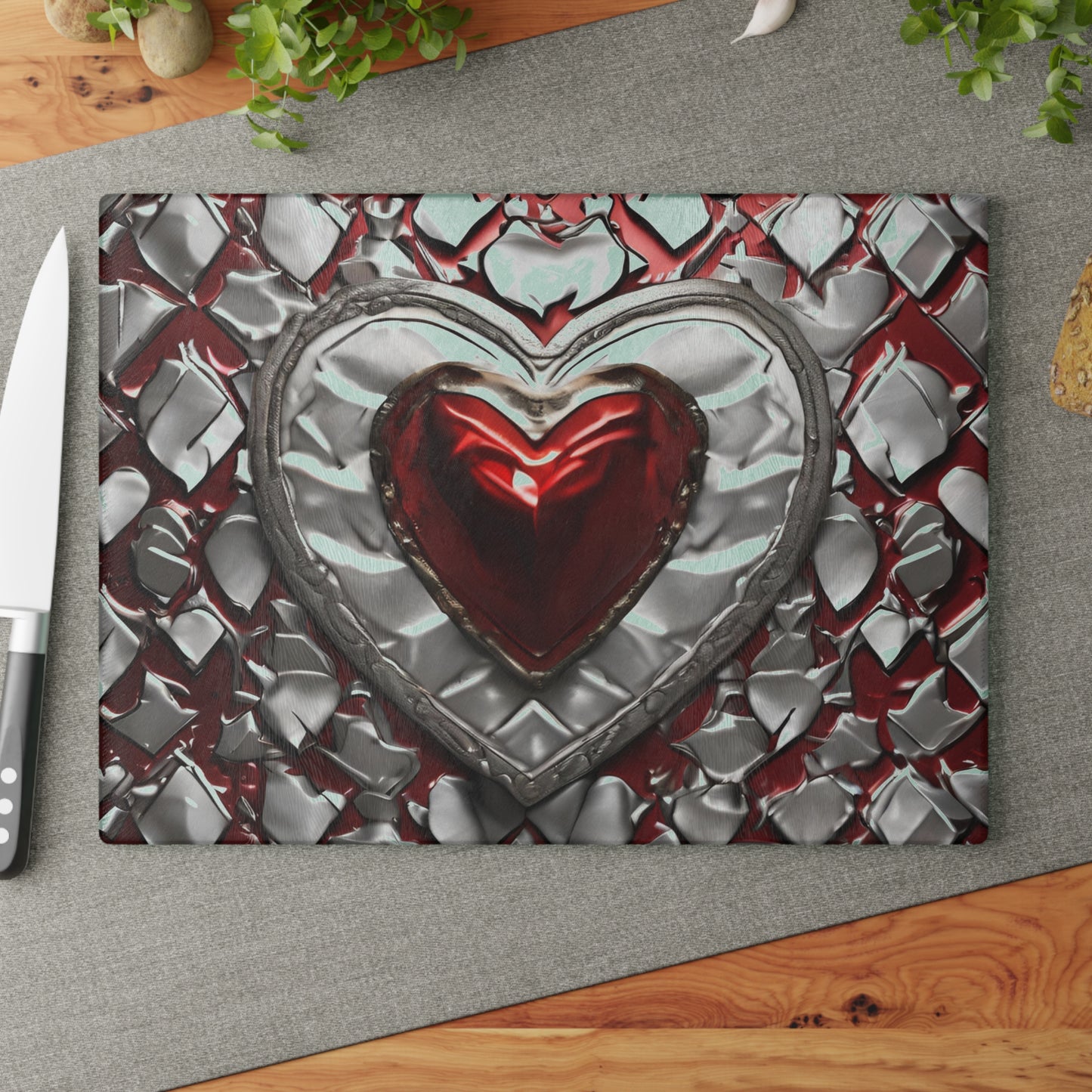 Kitchen Decor Glass Cutting Board Serving Tray with Heart Design Retro Damask Pattern Cutting Board Gift for Home Cook Charcuterie Board