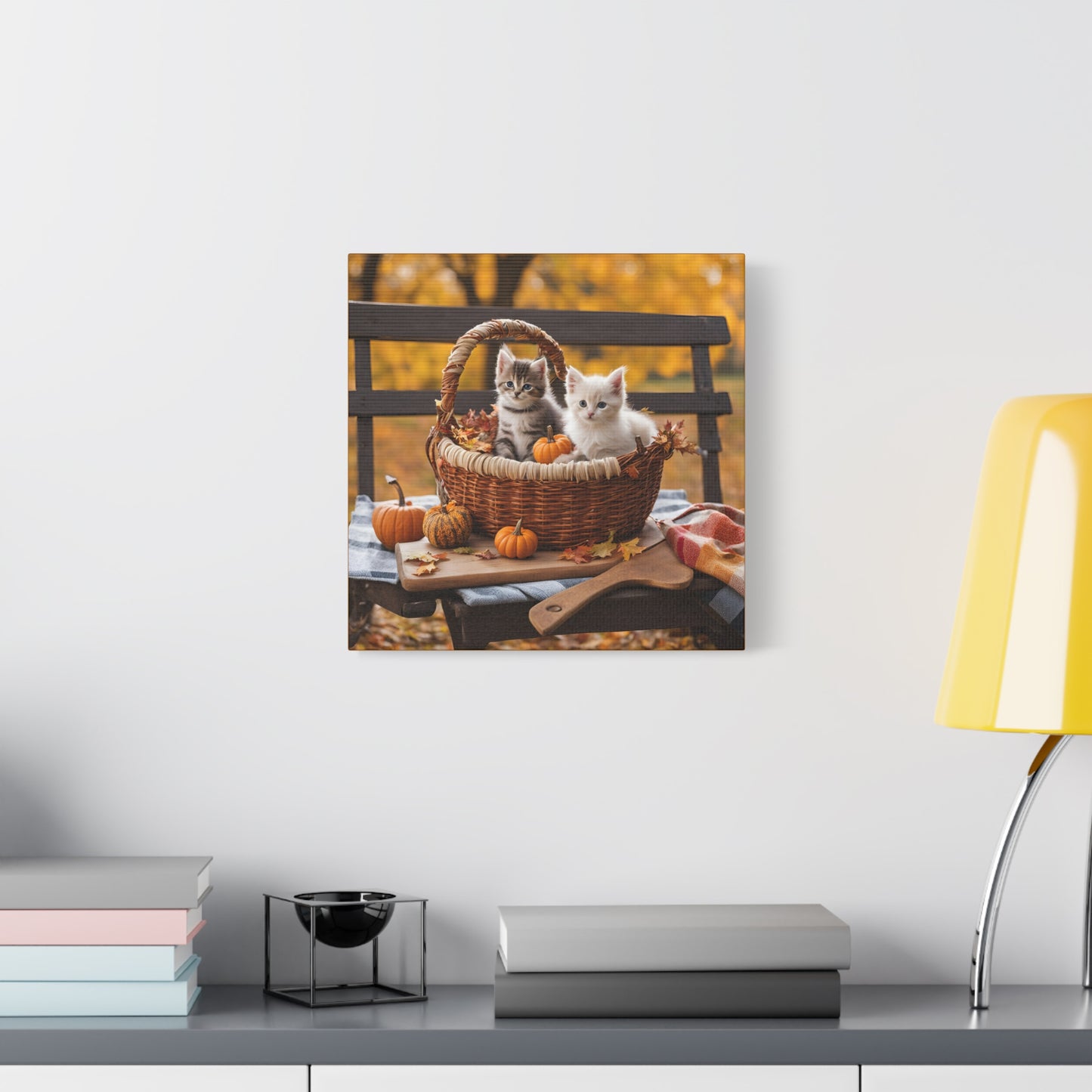 Kittens in Basket Fall Print Wall Art | Matte Canvas, Stretched, 1.25" | Cat Lover | Autumn | Pumpkins |