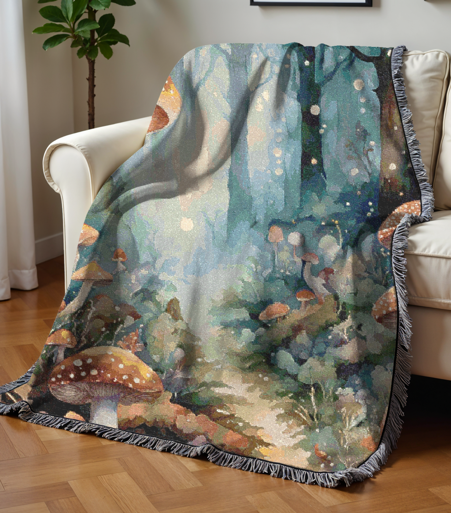 Mushroom Design Cozy Reading Throw for Book Lovers Cotton Woven Fringed Picnic Blanket Fantasy Wall Art