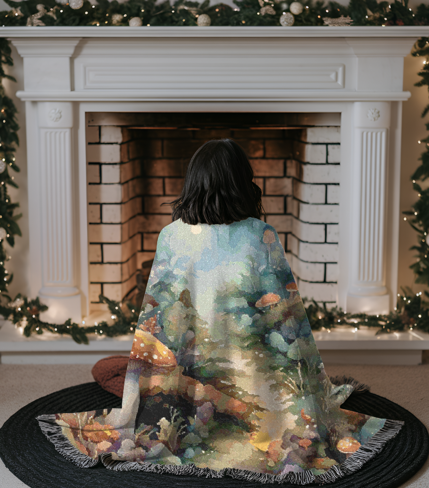 Mushroom Design Cozy Reading Throw for Book Lovers Cotton Woven Fringed Picnic Blanket Fantasy Wall Art