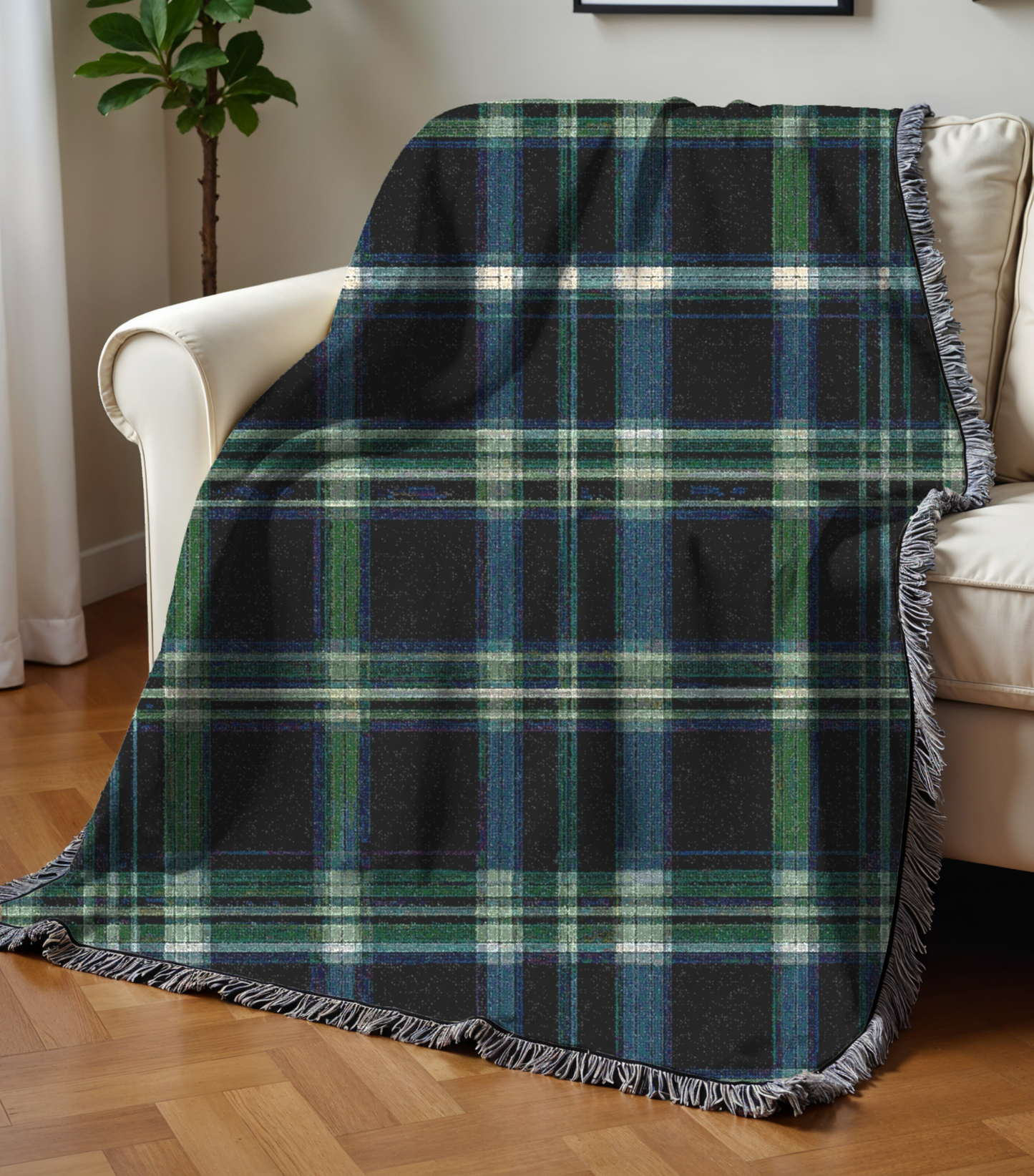 Tartan Plaid Design Cozy Reading Throw for Book Lovers Cotton Woven Fringed Picnic Blanket Wall Art