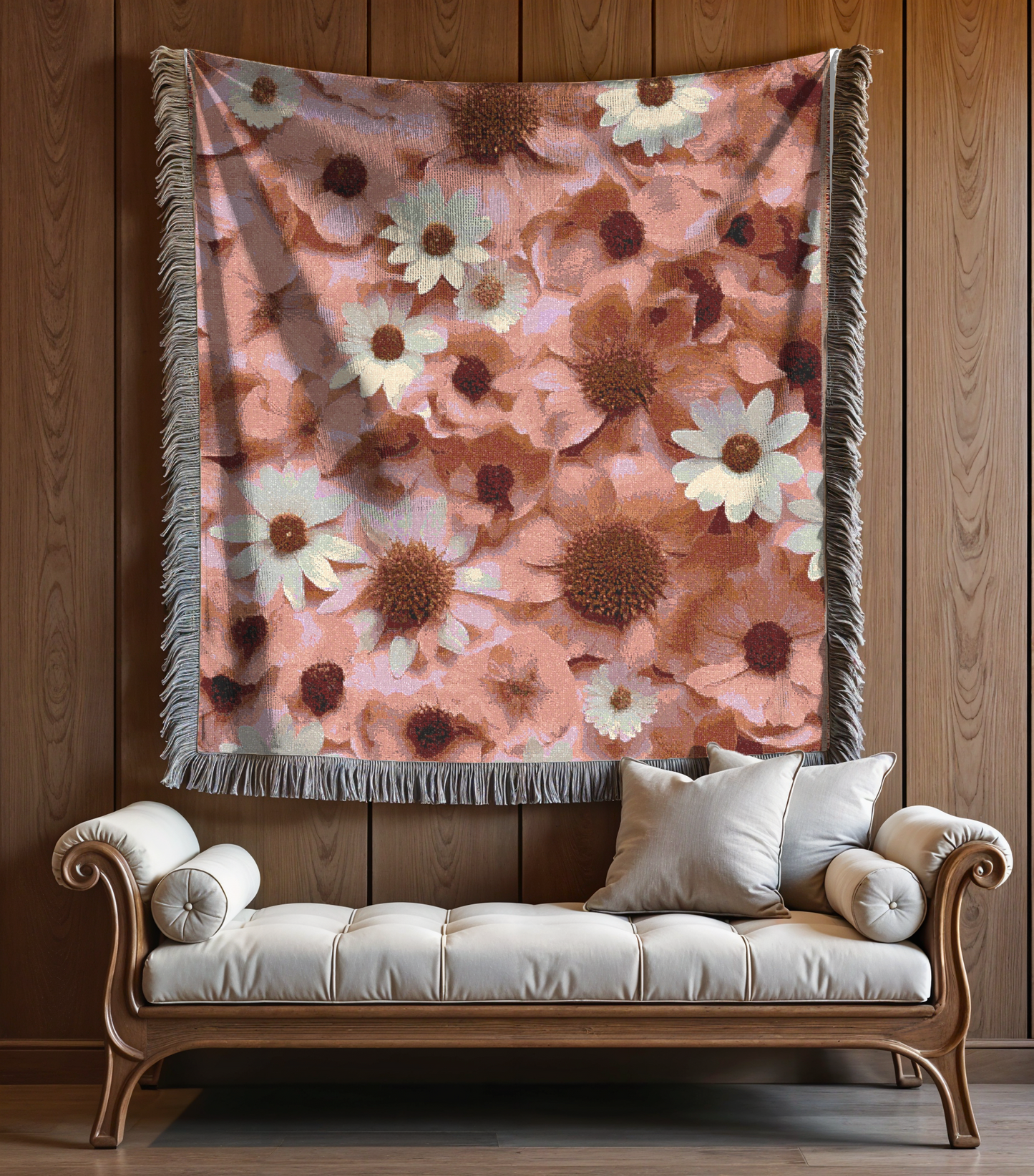 Pink Daisies Cozy Reading Throw for Book Lovers Cotton Woven Fringed Picnic Blanket Wall Art