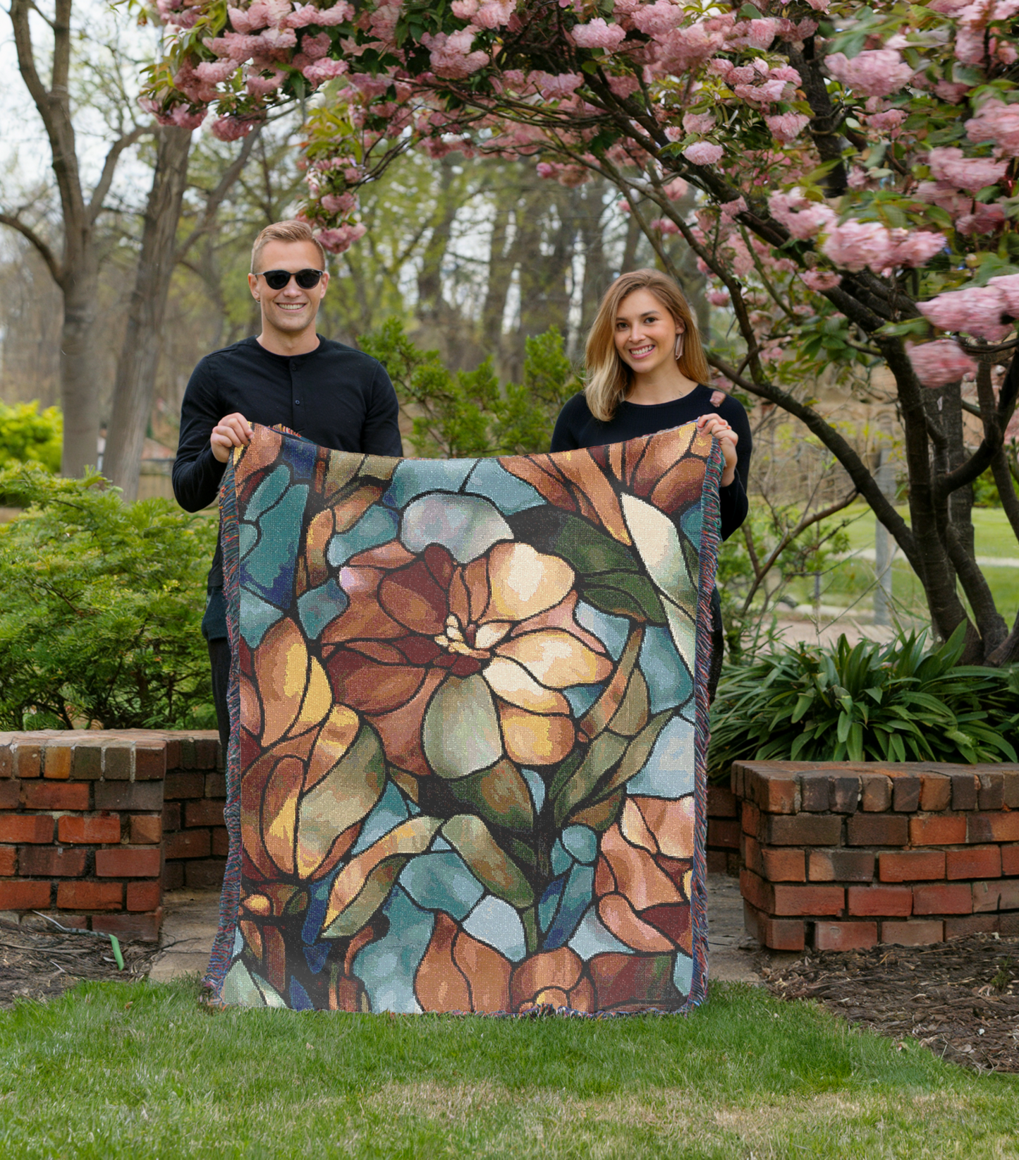 Floral Design Cozy Reading Throw for Book Lovers Cotton Woven Fringed Picnic Blanket Wall Art