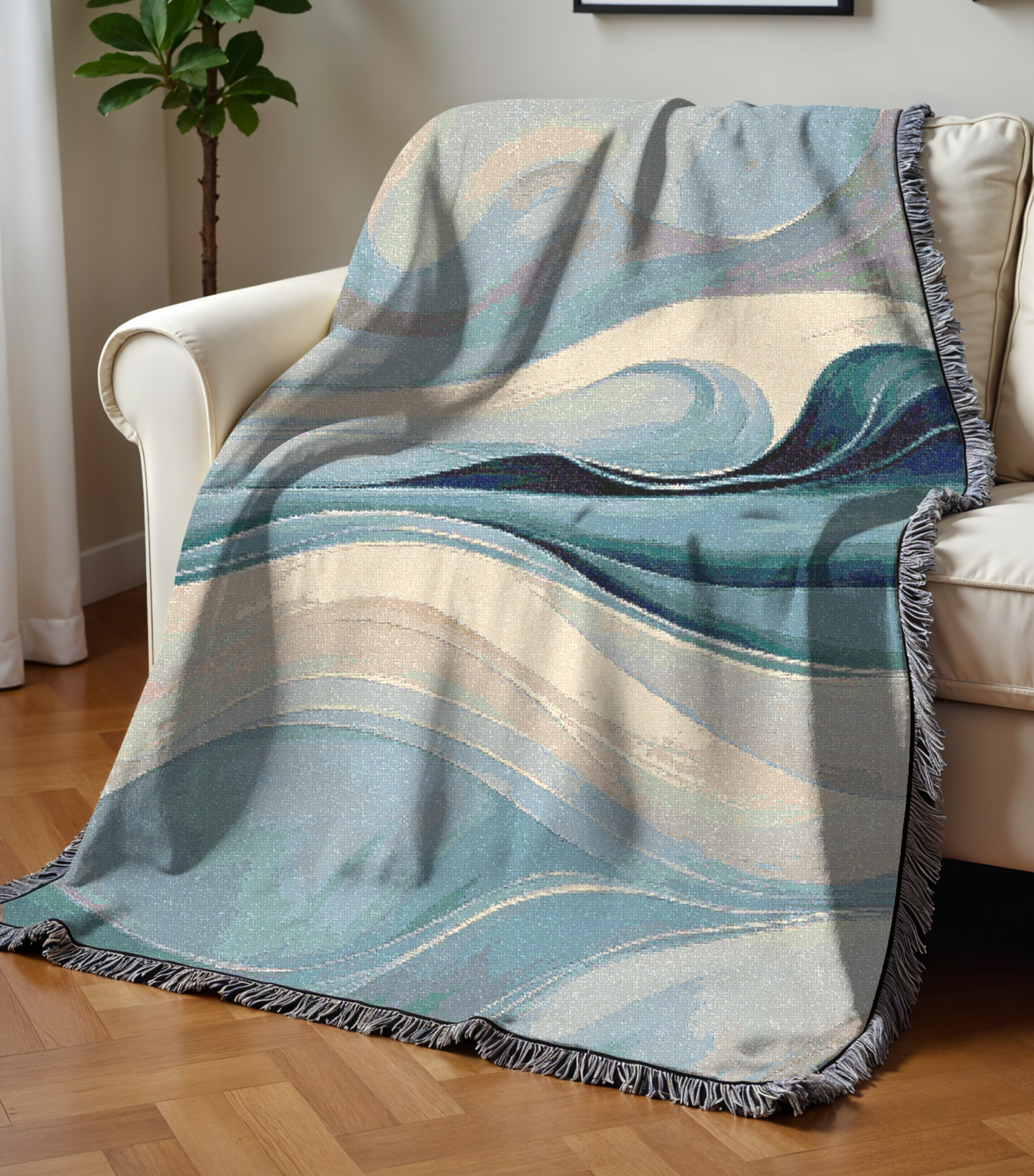 Wave Design Cozy Reading Throw for Book Lovers Cotton Woven Fringed Picnic Blanket Wall Art
