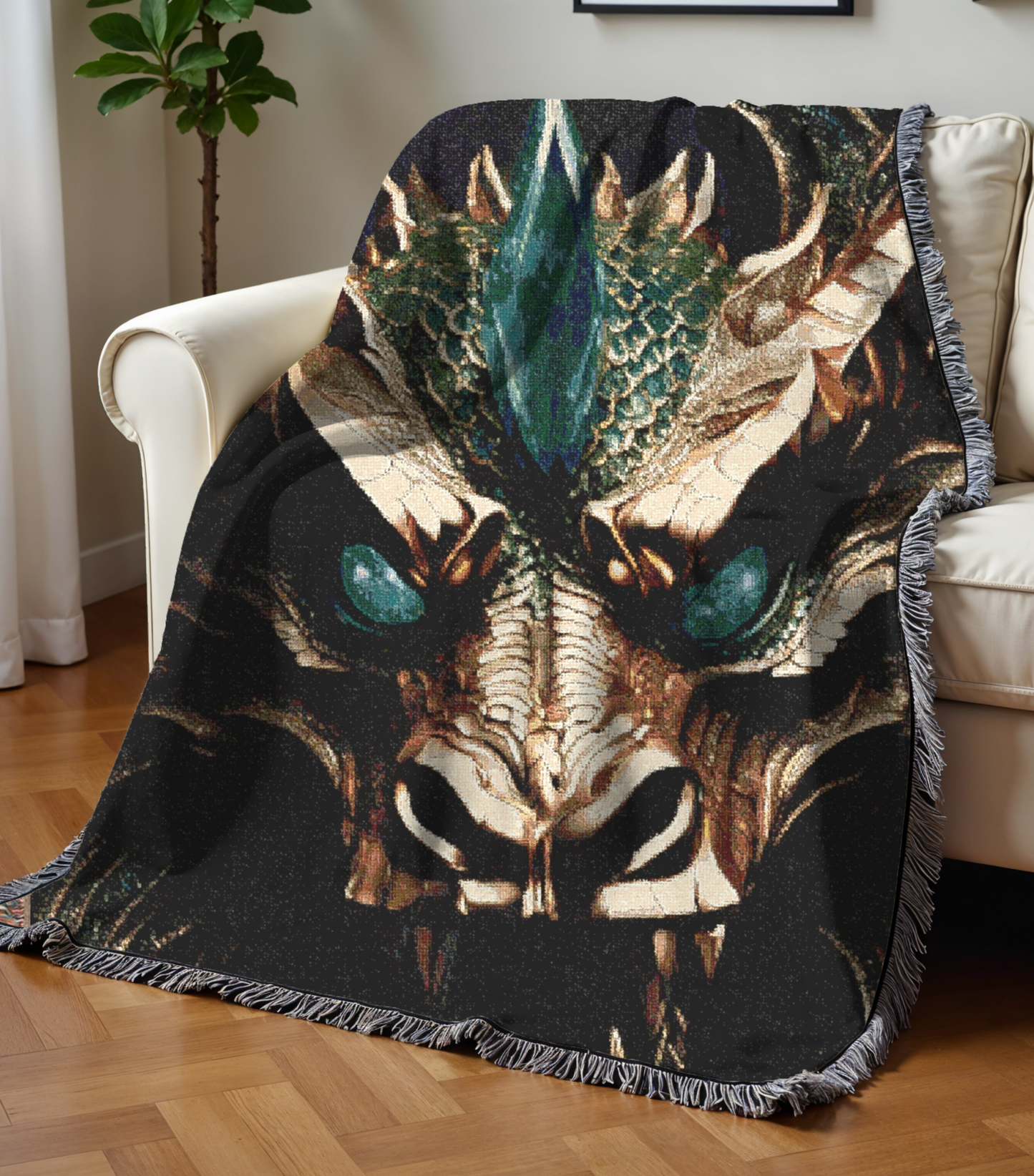 Roaring Dragon Cozy Reading Throw for Book Lovers Cotton Woven Fringed Picnic Blanket Wall Art